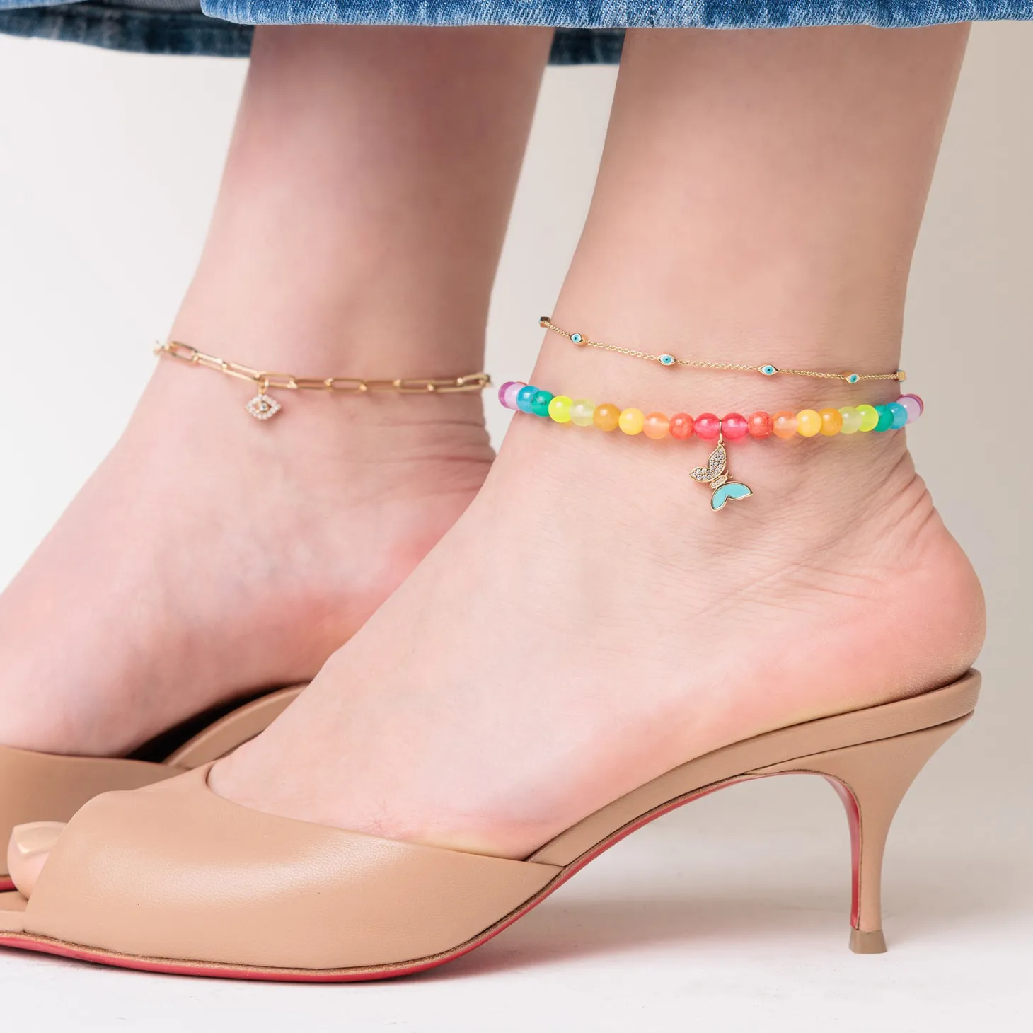 Gold & Diamond Tiny Butterfly Rainbow Jade Anklet