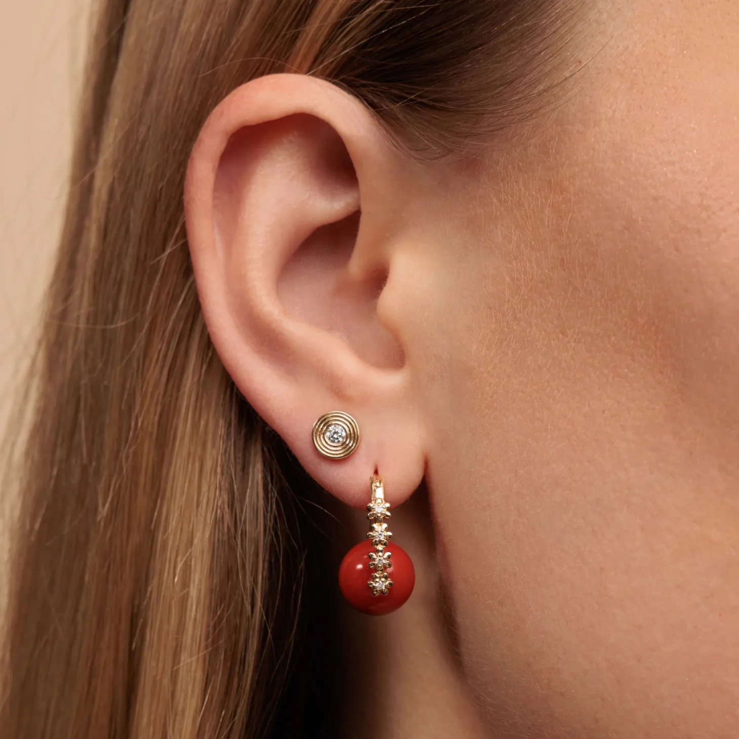 Gold & Diamond Tiny Daisy Coral Earrings