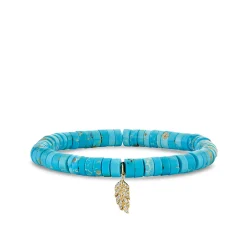 Gold & Diamond Tiny Feather on Turquoise Heishi