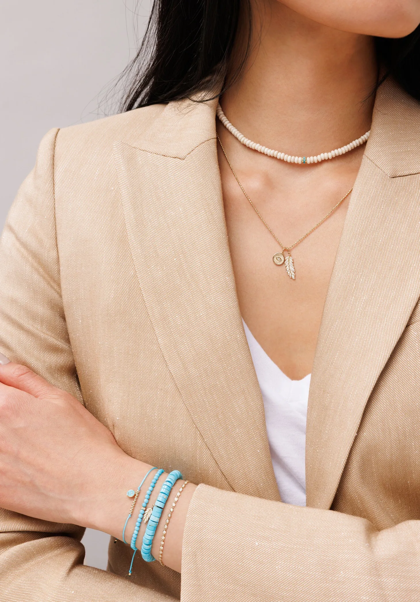 Gold & Diamond Tiny Feather on Turquoise Heishi