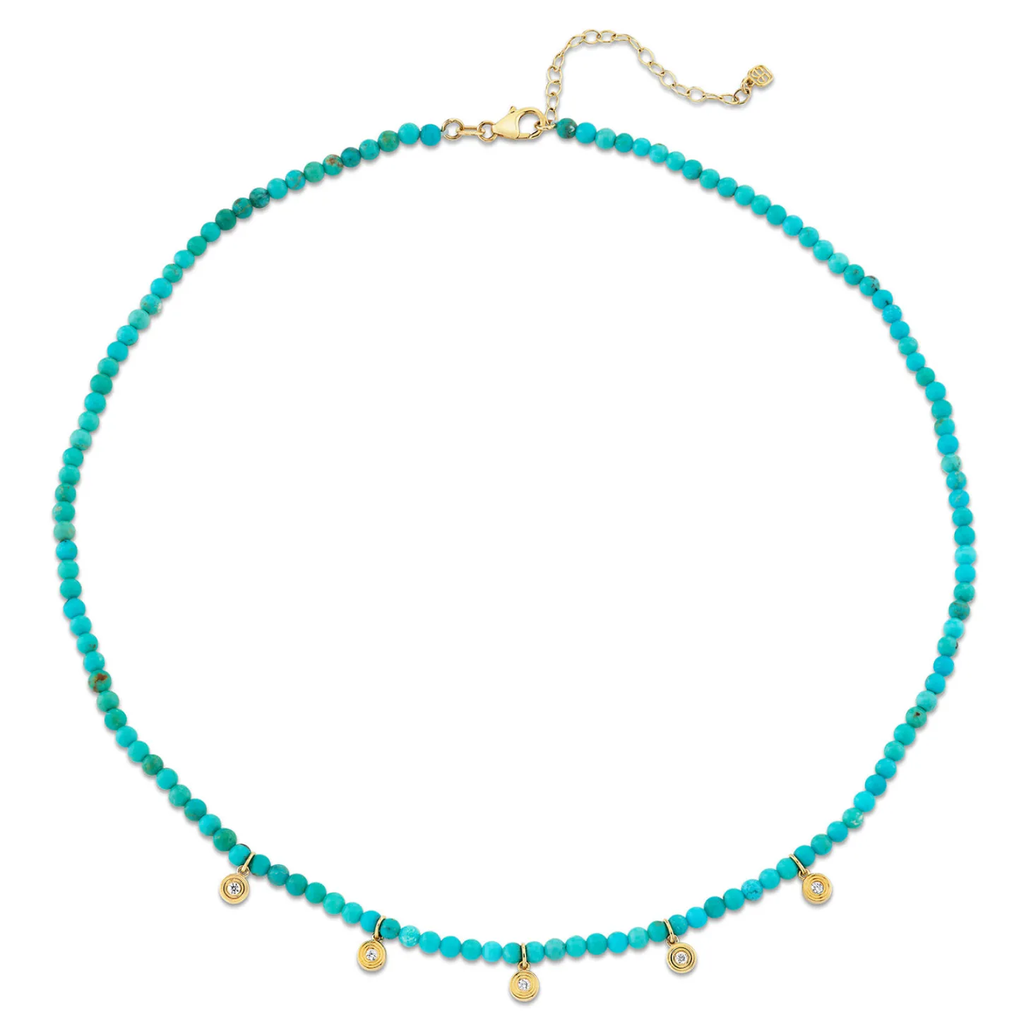 Gold & Diamond Tiny Fluted Charms Turquoise Necklace