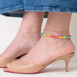 Gold & Diamond Tiny Heart Rainbow Jade Anklet