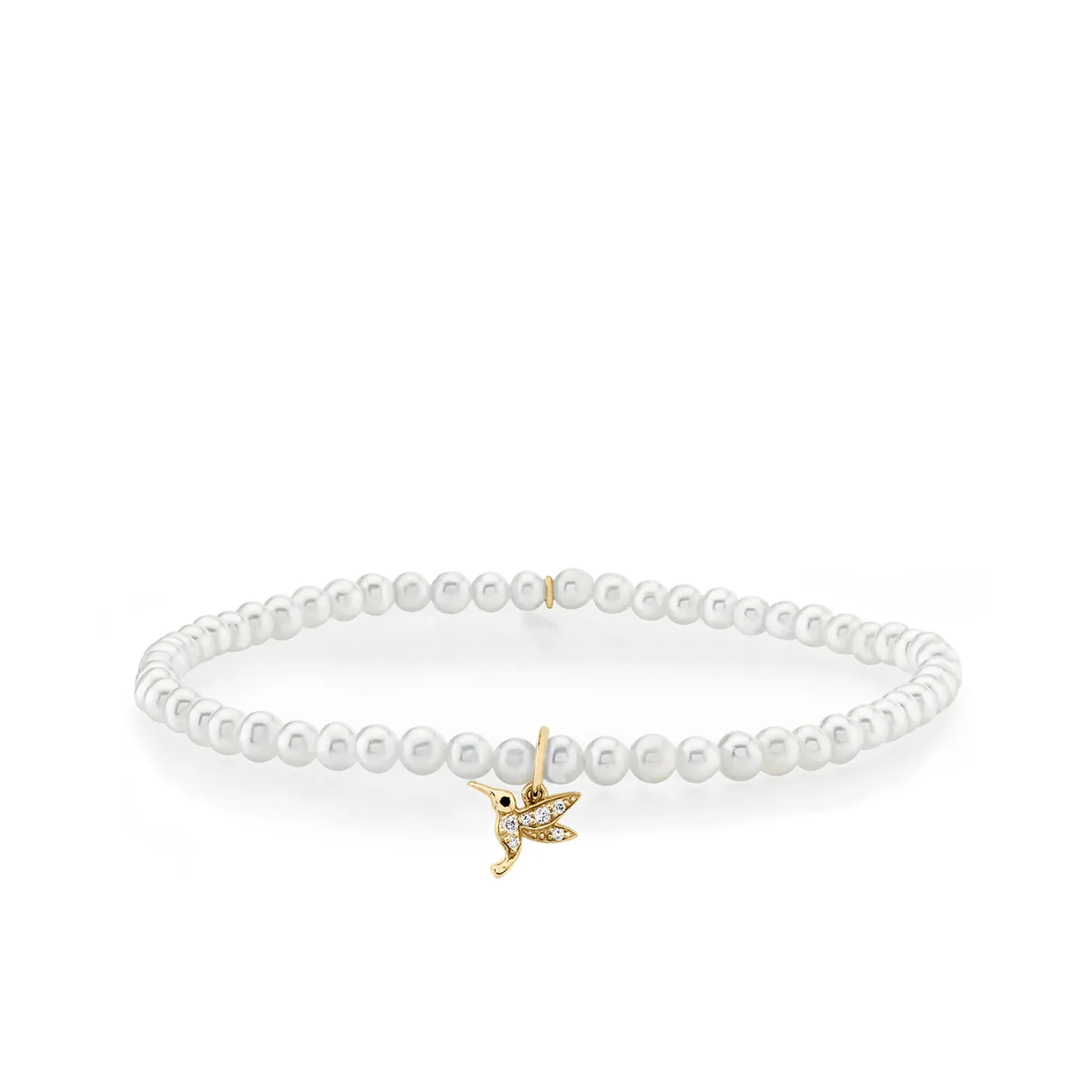 Gold & Diamond Tiny Hummingbird on Pearls