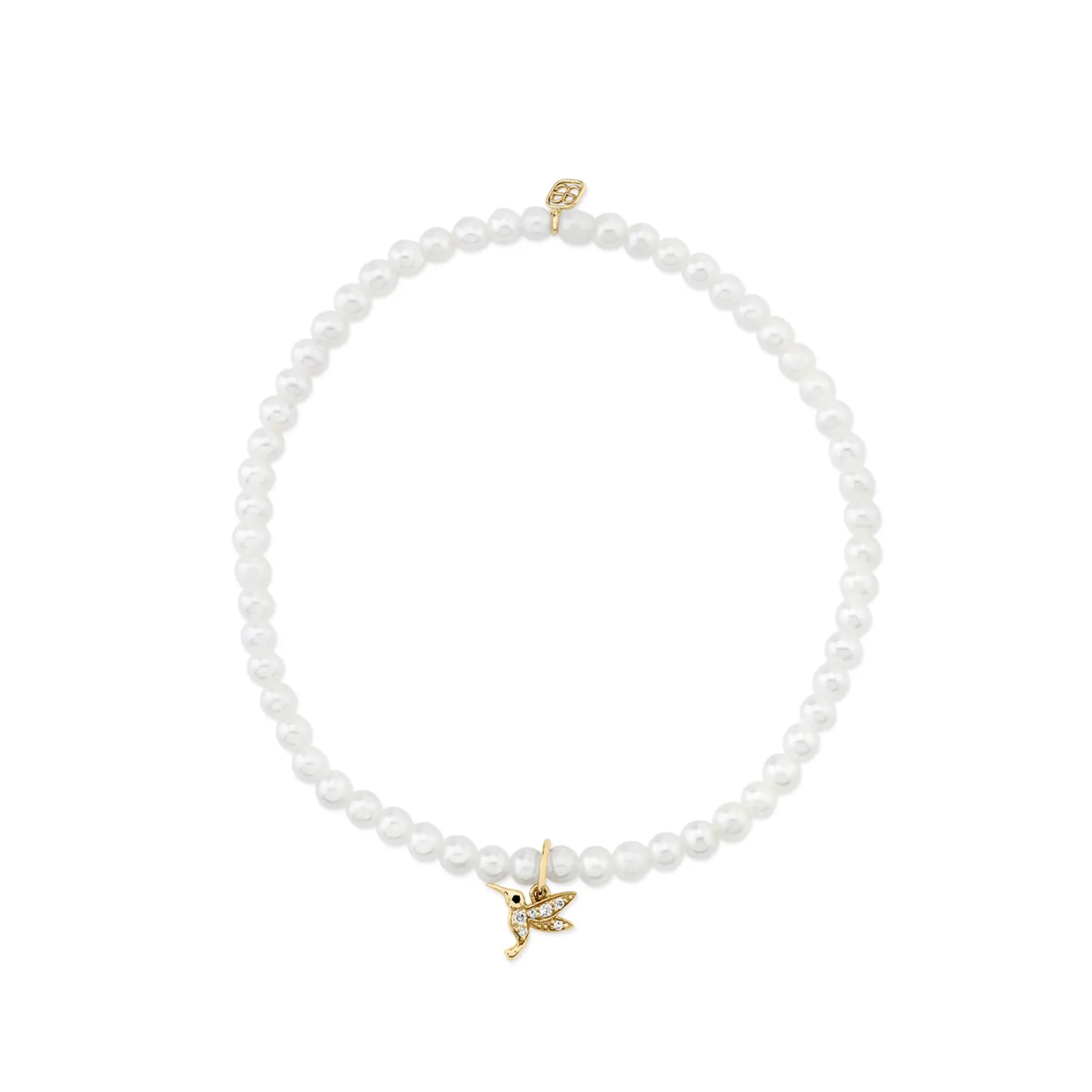 Gold & Diamond Tiny Hummingbird on Pearls