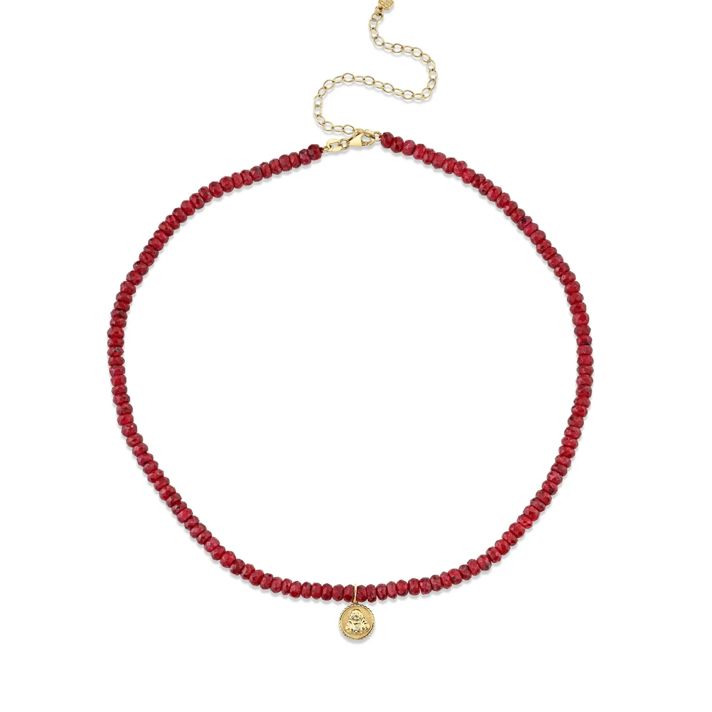 Gold & Diamond Tiny Sitting Buddha Coin on Ruby Bead Choker