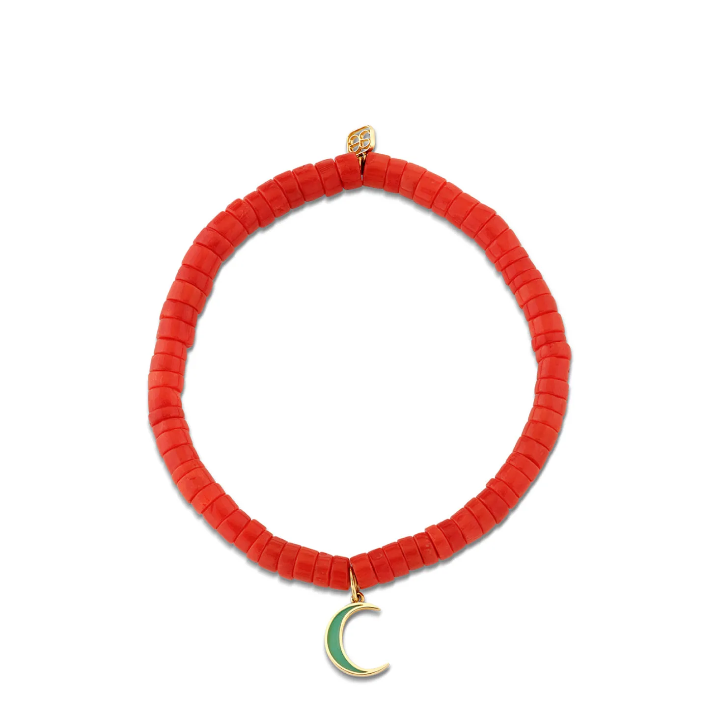 Gold & Enamel Moon on Coral Heishi