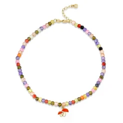 Gold & Enamel Tiny Mushroom Rainbow Zircon Anklet