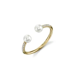 Gold & Pavé Diamond Double Pearl Ring