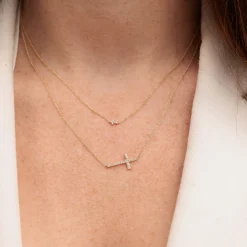 Gold & Pavé Diamond Medium Sideways Cross Necklace