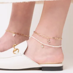 Gold & Pearl Mini Moroccan Flower Anklet on Fresh Water Pearls