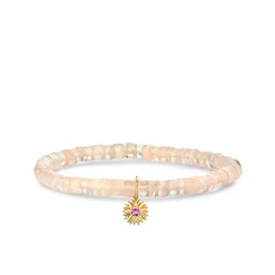 Gold & Pink Sapphire Sunburst on Rose Quartz Heishi