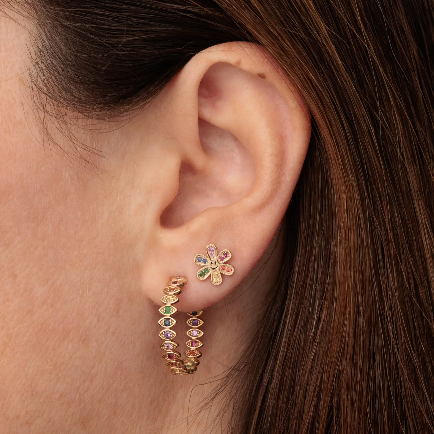 Gold & Rainbow Daisy Happy Face Stud