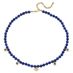 Gold & Sapphire Fluted Charms on Lapis Beaded Necklace