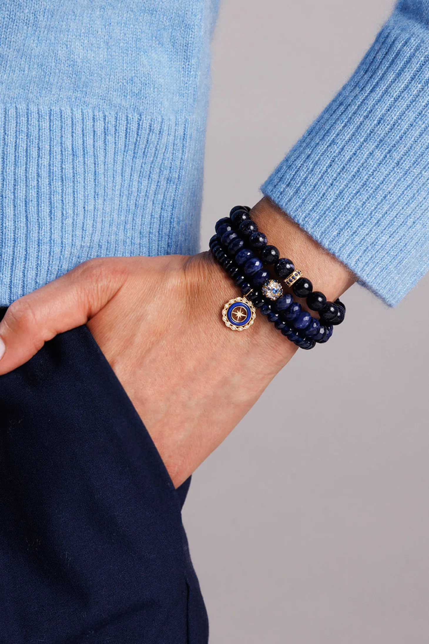 Gold & Sapphire 8mm Scallop Edge Pave Rondelle on Blue Goldstone