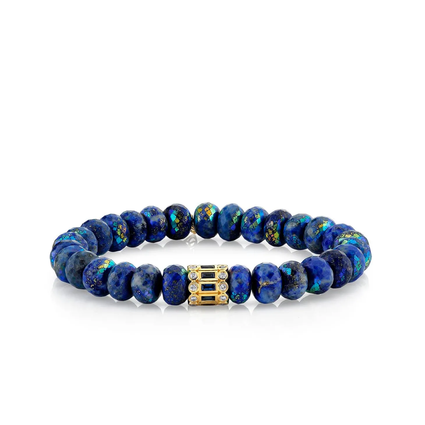 Gold & Sapphire Stacked Baguette & Bezel Rondelle on AB Lapis