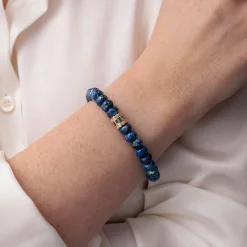 Gold & Sapphire Stacked Baguette & Bezel Rondelle on AB Lapis