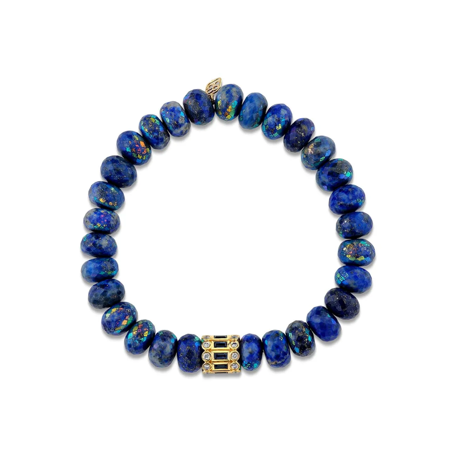Gold & Sapphire Stacked Baguette & Bezel Rondelle on AB Lapis