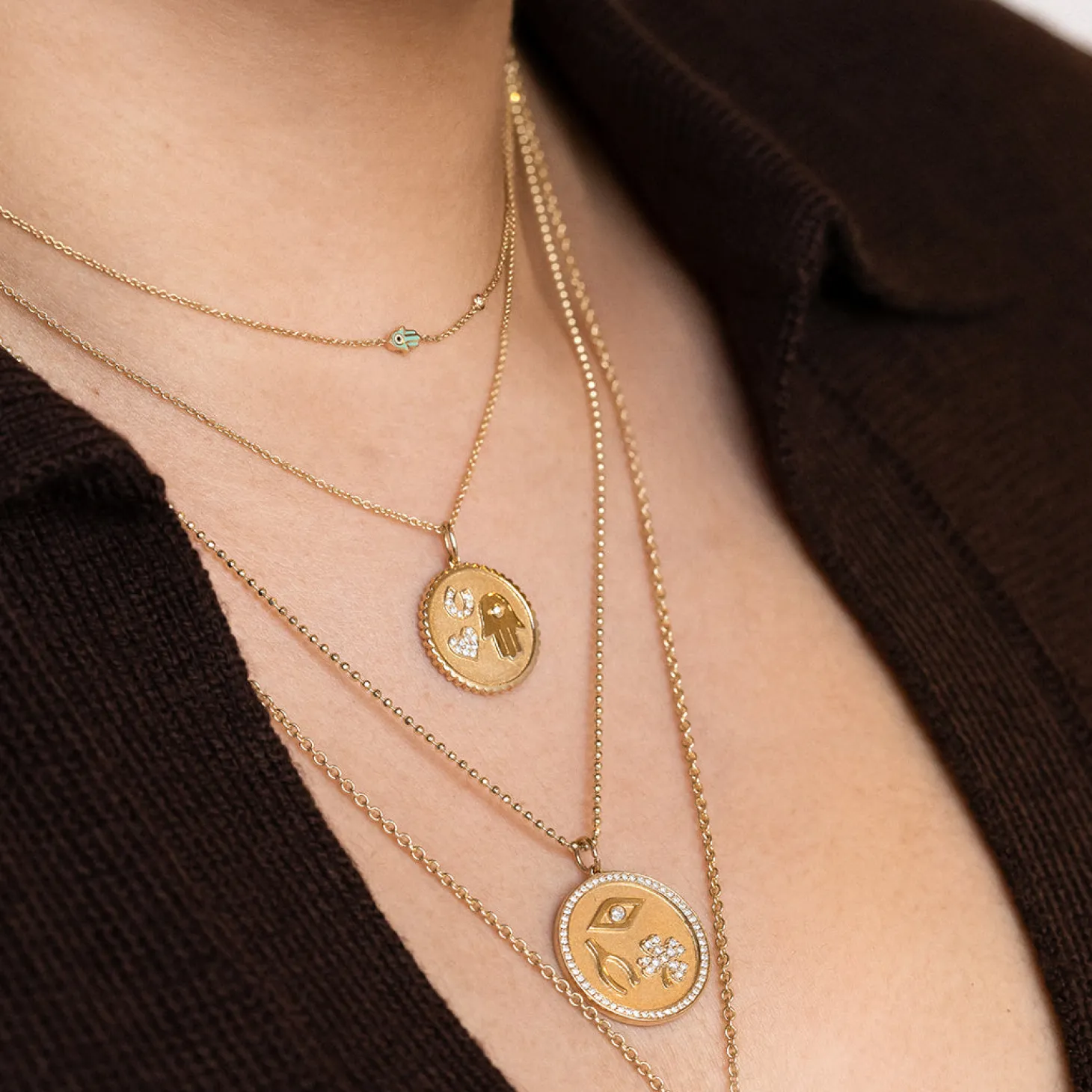 Gold & Turquoise Mini Enamel Hamsa Necklace with Bezel Set Diamond