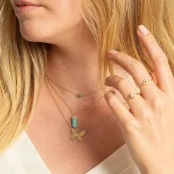 Gold & Turquoise Mini Enamel Elephant Necklace with Bezel Set Diamond