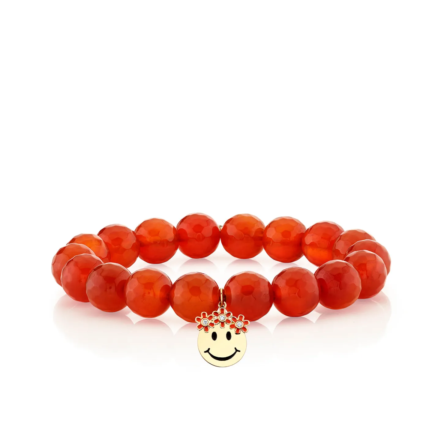 Gold, Diamond & Enamel Flower Crown Happy Face on Carnelian