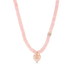 Gold, Diamond & Pink Opal Heart Beaded Necklace
