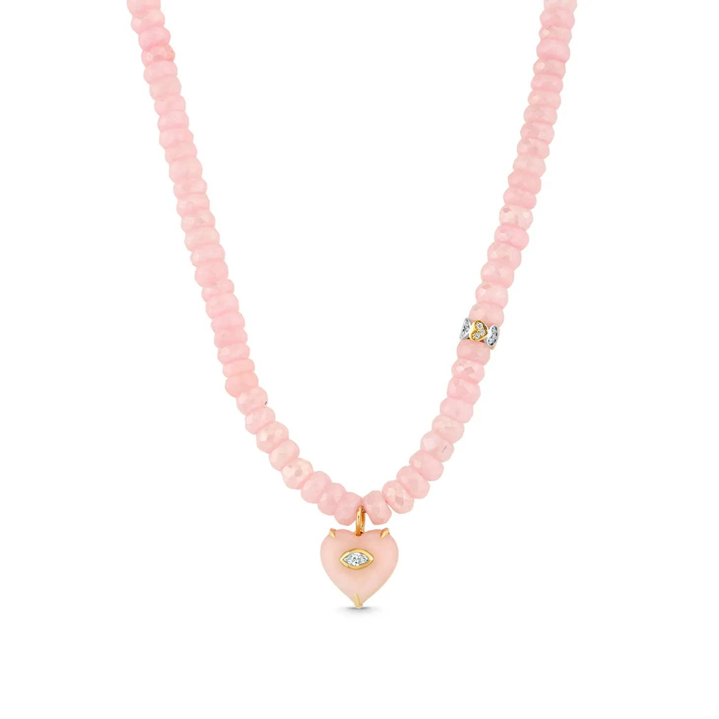 Gold, Diamond & Pink Opal Heart Beaded Necklace