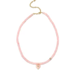 Gold, Diamond & Pink Opal Heart Beaded Necklace