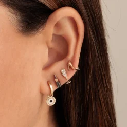 Gold Huggie Hoop and Enamel Eye Charm Hoops