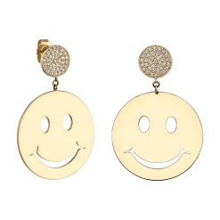 Gold Pure Large Happy Face Earrings with Pavé Disc Tops