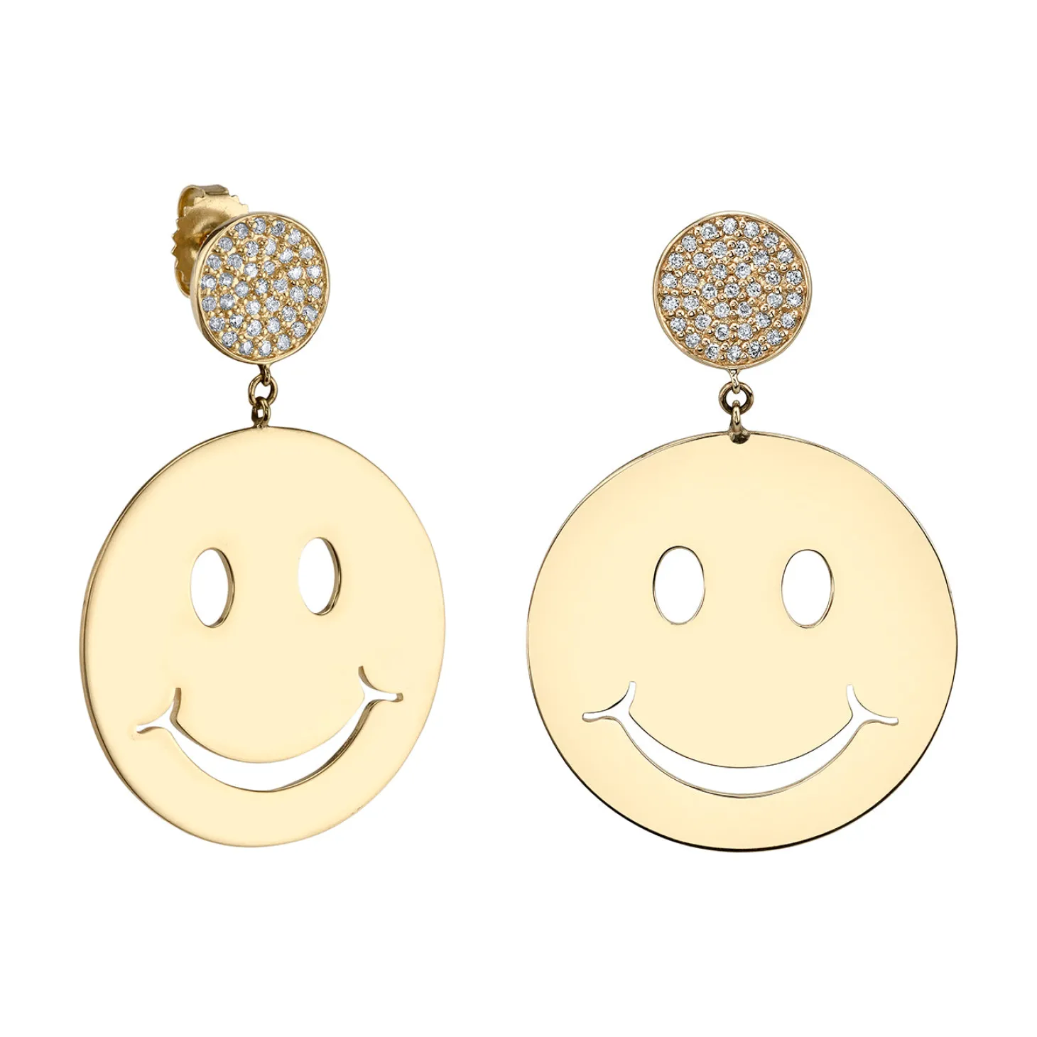 Gold Pure Large Happy Face Earrings with Pavé Disc Tops