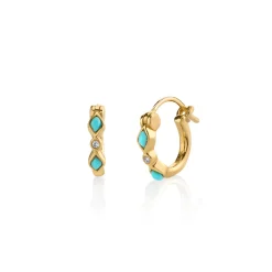 Gold Turquoise & Diamond Bezel Huggie Hoops