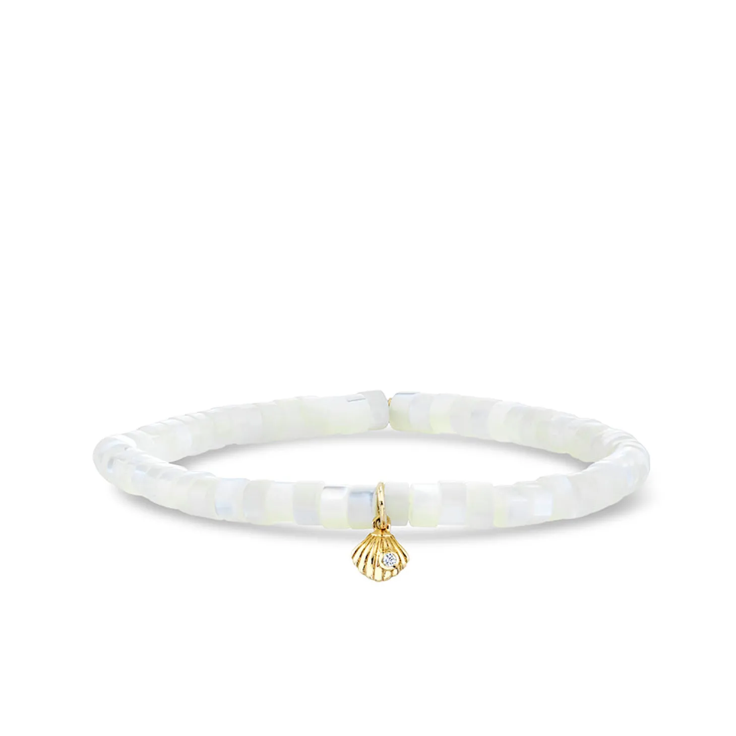 Kids Collection Gold & Diamond Tiny Clam Shell on Mother of Pearl Heishi