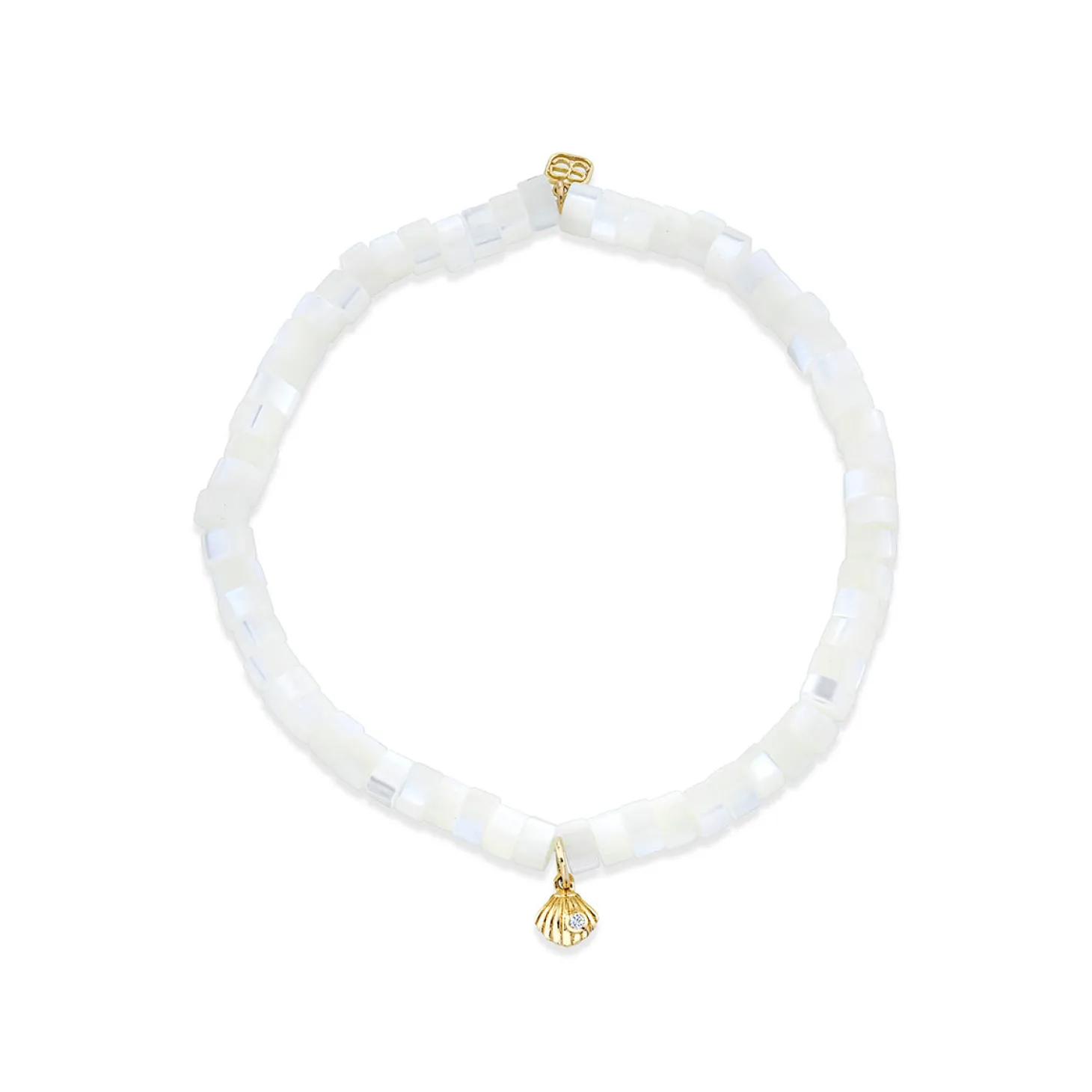Kids Collection Gold & Diamond Tiny Clam Shell on Mother of Pearl Heishi