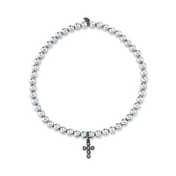 Men's Collection Black Rhodium & Diamond Tiny Cross on 14k White Gold Beads