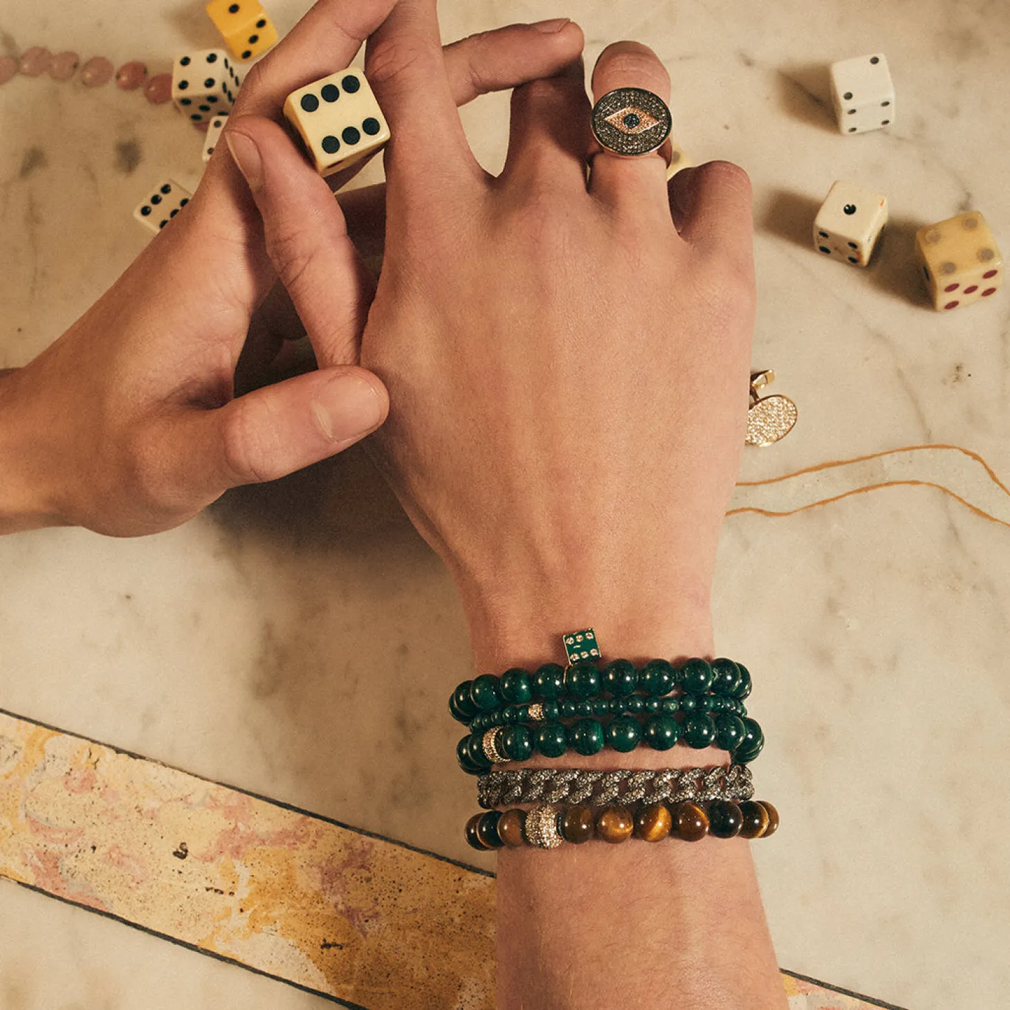 Men's Collection Gold & Diamond Eternity Rondelle on Malachite