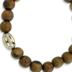 Men's Collection Gold & Diamond Football Bead on Flower Nanmu Wood