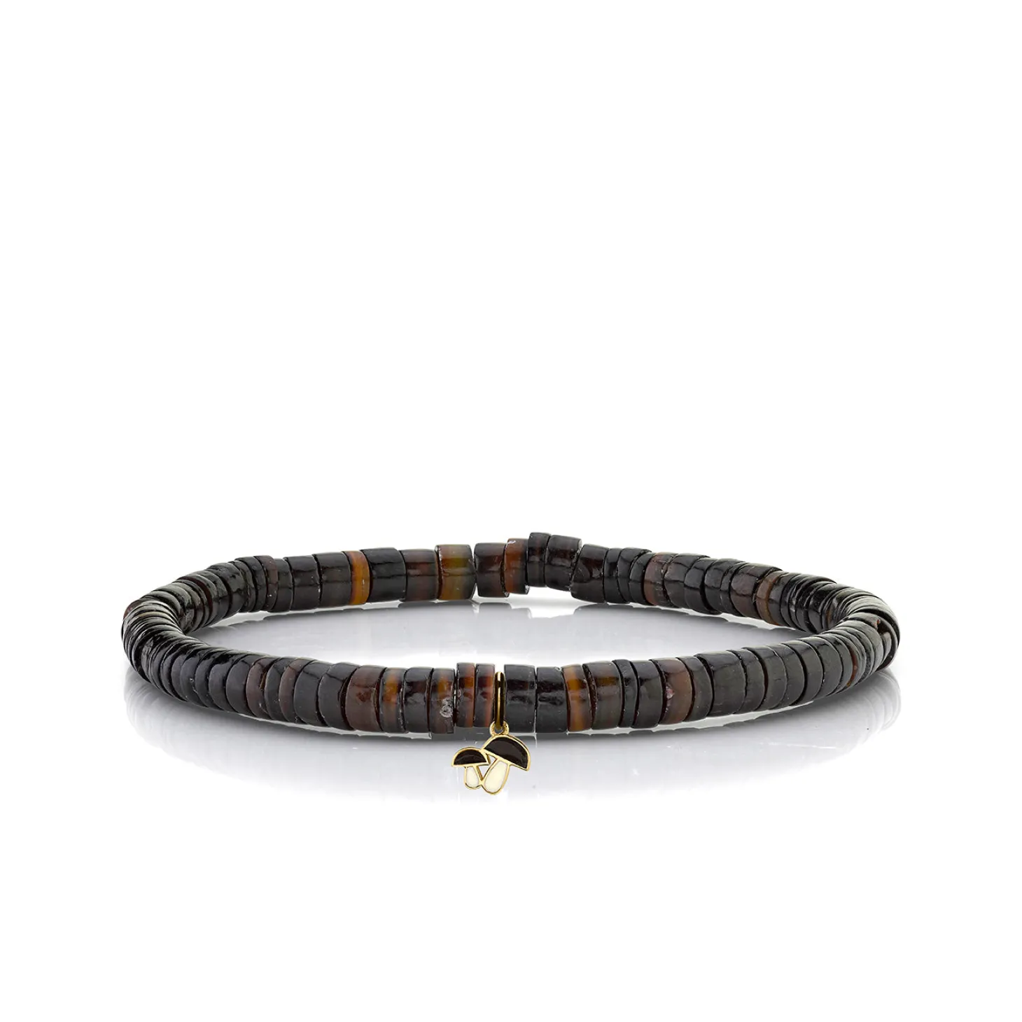 Men's Collection Gold & Enamel Tiny Mushroom on Dark Brown Heishi