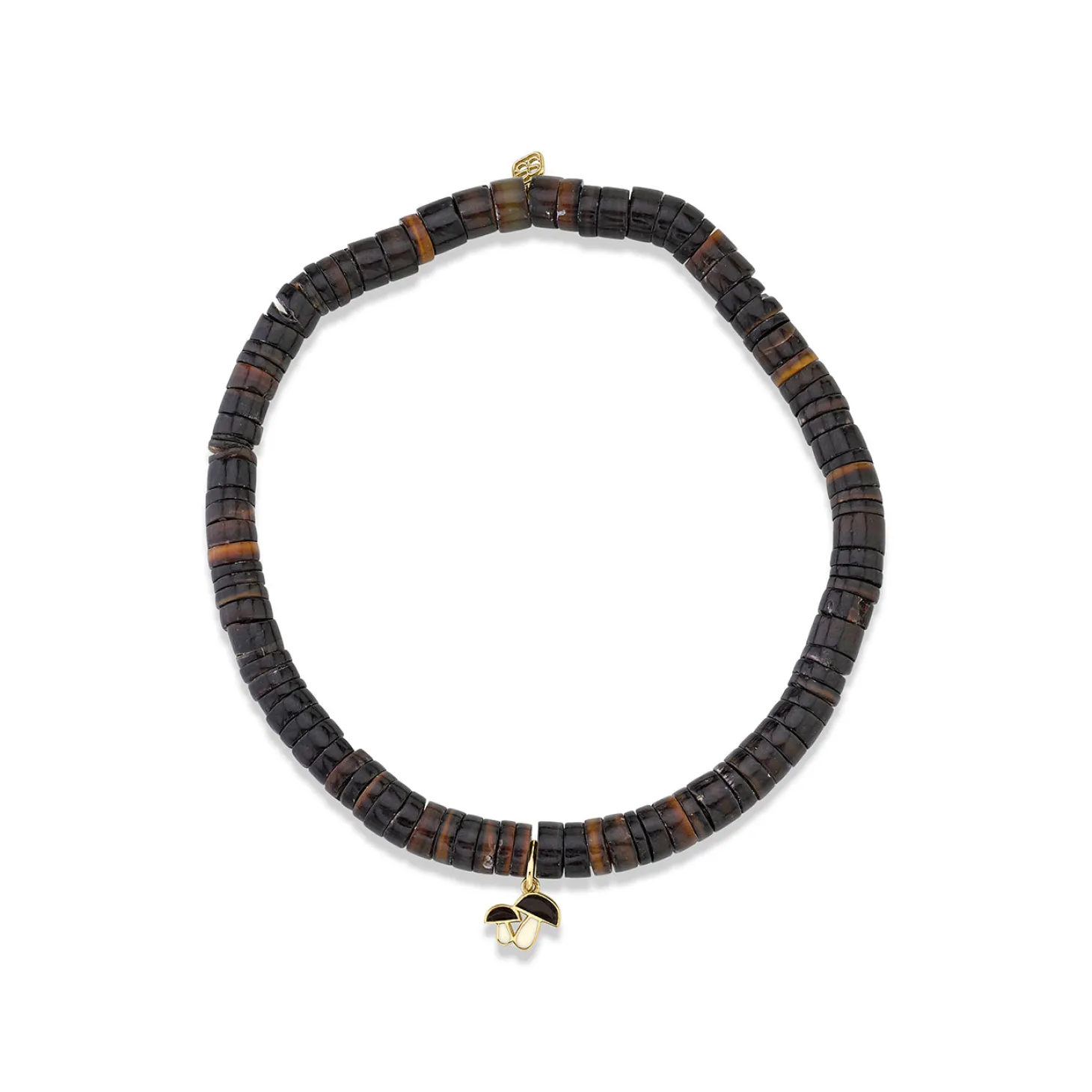 Men's Collection Gold & Enamel Tiny Mushroom on Dark Brown Heishi