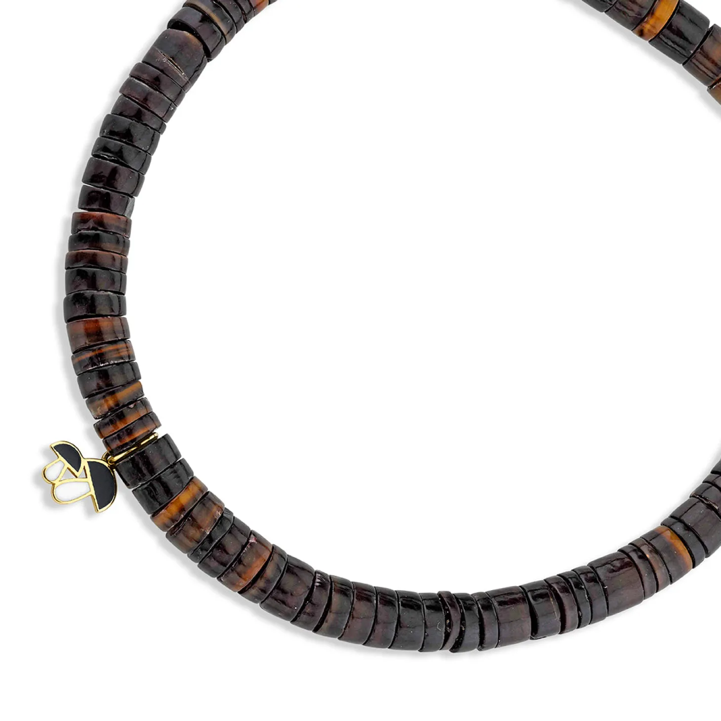 Men's Collection Gold & Enamel Tiny Mushroom on Dark Brown Heishi