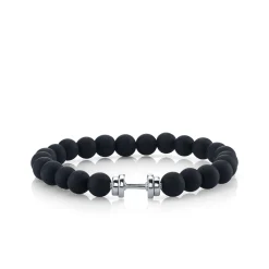Men's Collection White Gold Dumbbell Bead on Black Matte Onyx