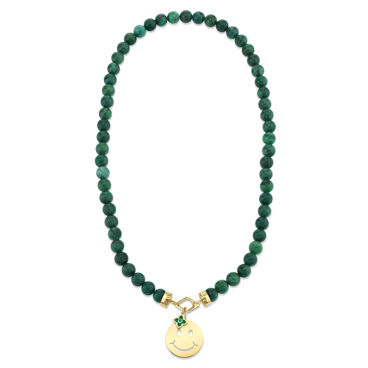 Pure Gold Happy Face Emerald Moroccan Flower Verdite Necklace