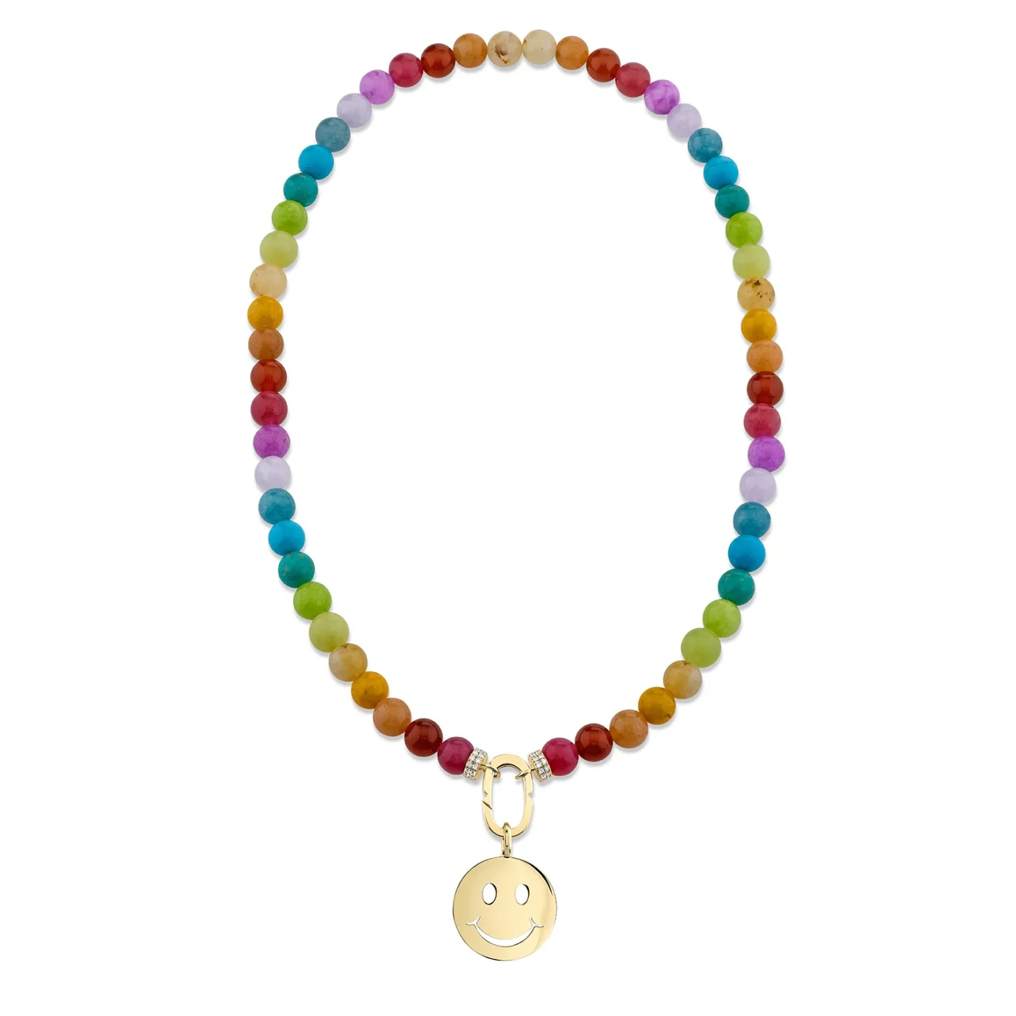 Pure Gold Large Happy Face Rainbow Jade Necklace